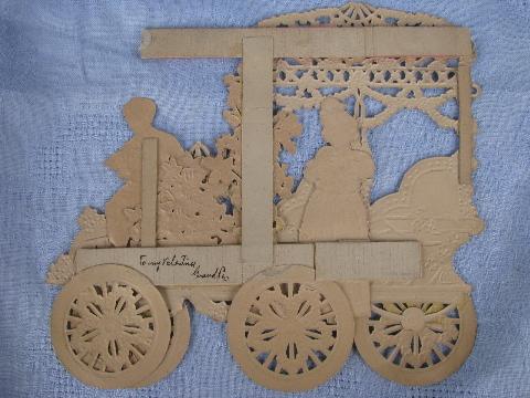 photo of huge fold-out paper die-cut Valentine, Victorian horseless carriage, Germany #3