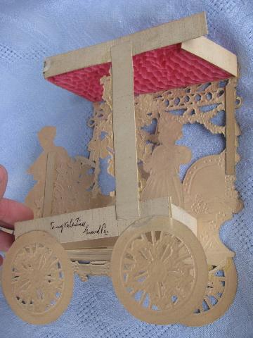 photo of huge fold-out paper die-cut Valentine, Victorian horseless carriage, Germany #5