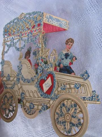 photo of huge fold-out paper die-cut Valentine, Victorian horseless carriage, Germany #6