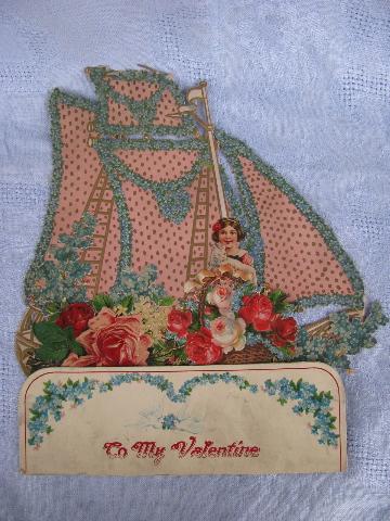 photo of huge fold-out paper die-cut Valentine card, girl w/ kitten, roses, sailboat #1