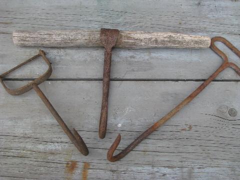 photo of huge forged iron bale hooks, antique farm tools, vintage primitive hook lot #1