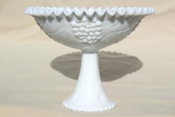 catalog photo of huge fruit bowl, vintage milk glass compote pedestal dish, centerpiece for grapes