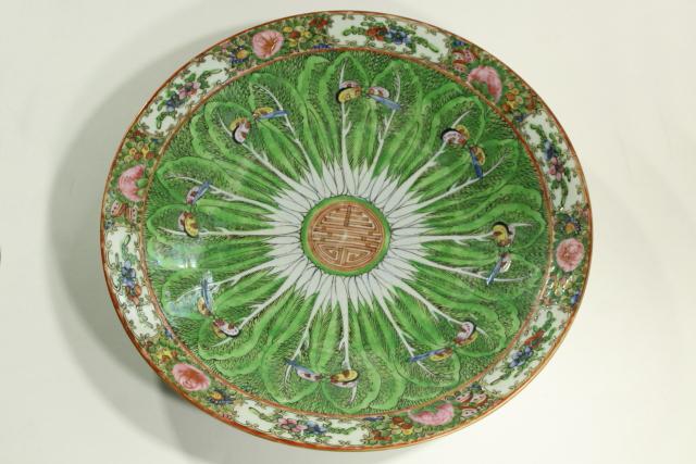 photo of huge hand painted Chinese porcelain bowl, dragonflies & bok choy cabbage flower #2