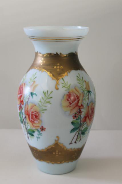 photo of huge hand painted glass vase umbrella stand, vintage Bohemian Czech milk glass gold & roses #1