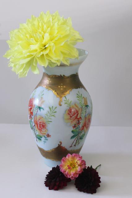 photo of huge hand painted glass vase umbrella stand, vintage Bohemian Czech milk glass gold & roses #4