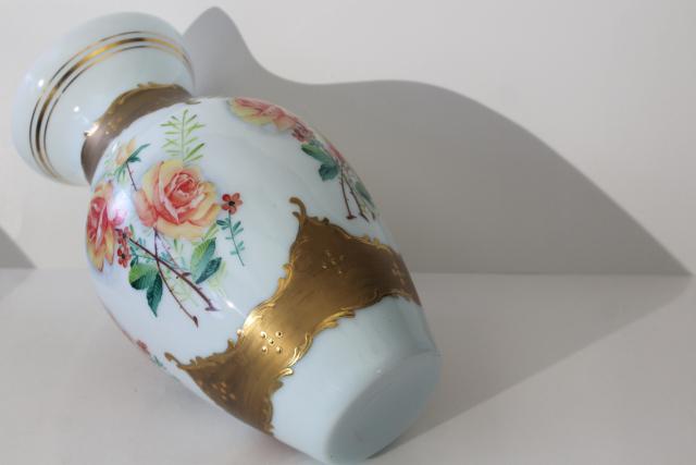 photo of huge hand painted glass vase umbrella stand, vintage Bohemian Czech milk glass gold & roses #8