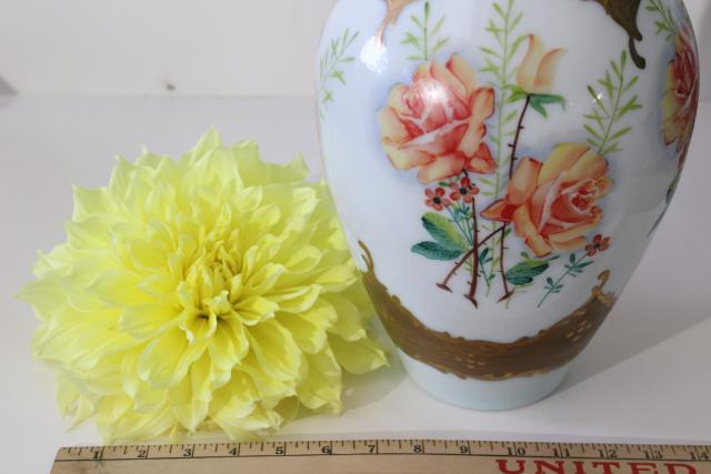 photo of huge hand painted glass vase umbrella stand, vintage Bohemian Czech milk glass gold & roses #11