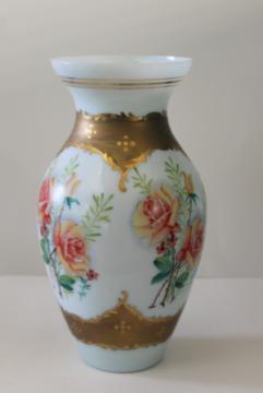 catalog photo of huge hand painted glass vase umbrella stand, vintage Bohemian Czech milk glass gold & roses