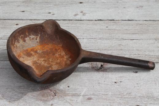 photo of huge heavy antique cast iron ladle, old blacksmithing tool or lead melting pot #6