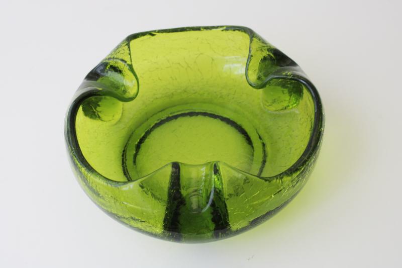 photo of huge heavy crackle glass ashtray, mid-century mod vintage Blenko art glass lime green #1