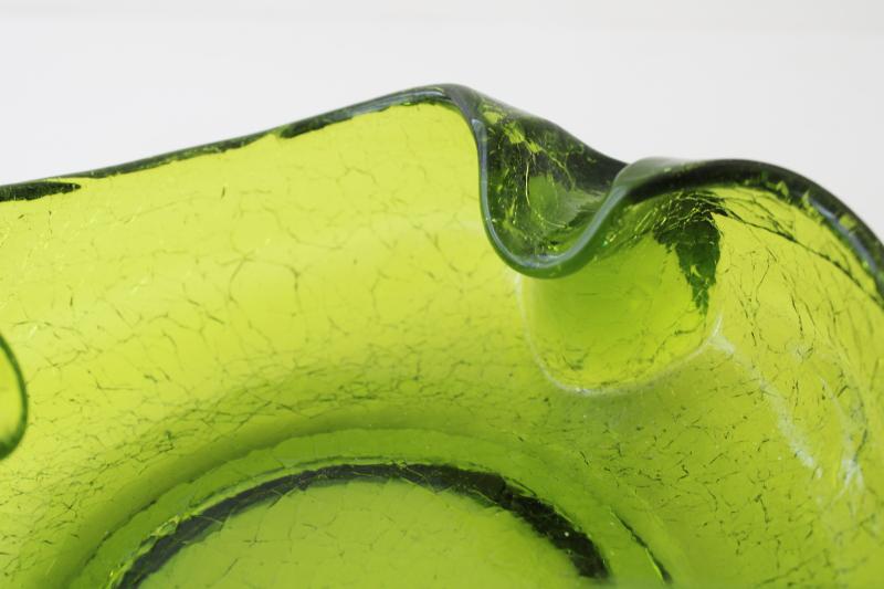 photo of huge heavy crackle glass ashtray, mid-century mod vintage Blenko art glass lime green #3