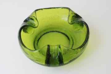 catalog photo of huge heavy crackle glass ashtray, mid-century mod vintage Blenko art glass lime green