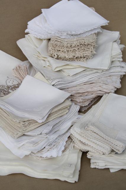 photo of huge lot 100+ vintage & antique cloth napkins, damask & cotton white work table linen #1