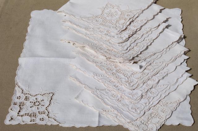 photo of huge lot 100+ vintage & antique cloth napkins, damask & cotton white work table linen #9