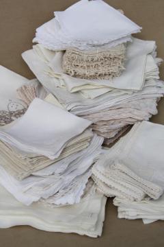 catalog photo of huge lot 100+ vintage & antique cloth napkins, damask & cotton white work table linen