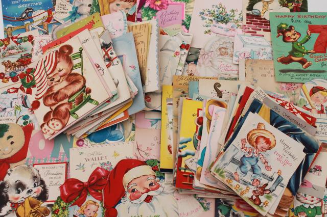 photo of huge lot 150+ vintage greeting cards, holiday & birthday cards, Christmas cards, valentines #1