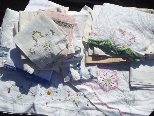 photo of huge lot 20 vintage cotton and linen towels w/ embroidery and crochet lace #1