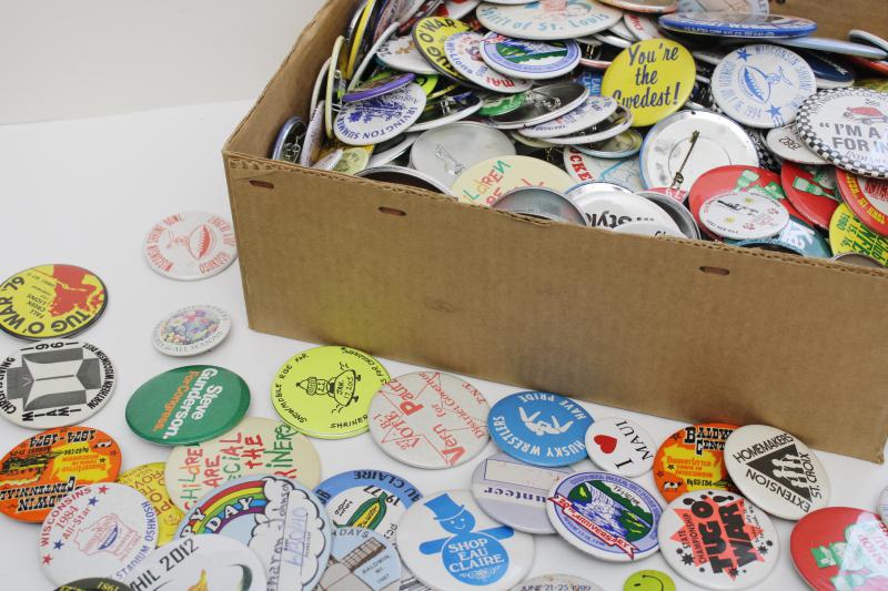 photo of huge lot 300+ pin back buttons badges, 70s 80s vintage pinbacks w/ advertising etc. #2