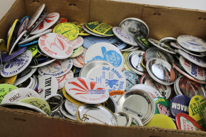 photo of huge lot 300+ pin back buttons badges, 70s 80s vintage pinbacks w/ advertising etc. #7