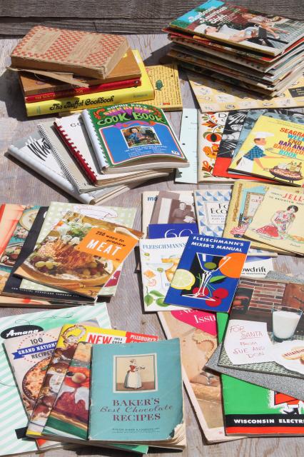 photo of huge lot 50+ vintage cookbooks 1930s to 70s, retro meals & advertising recipe booklets #1