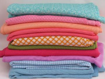 catalog photo of huge lot 70s vintage polyester double knit fabric, bright retro colors!