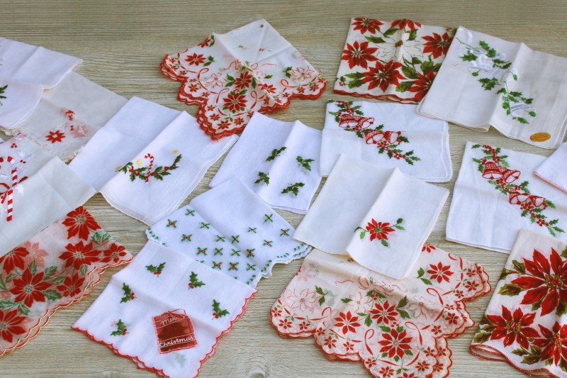 photo of huge lot Christmas theme vintage hankies, holiday prints and embroidered handkerchiefs #1