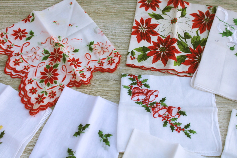 photo of huge lot Christmas theme vintage hankies, holiday prints and embroidered handkerchiefs #2