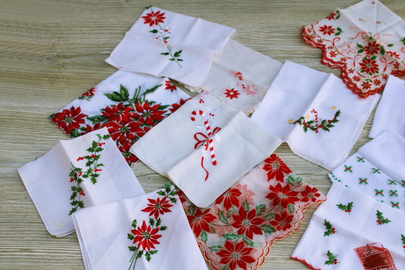 photo of huge lot Christmas theme vintage hankies, holiday prints and embroidered handkerchiefs #3