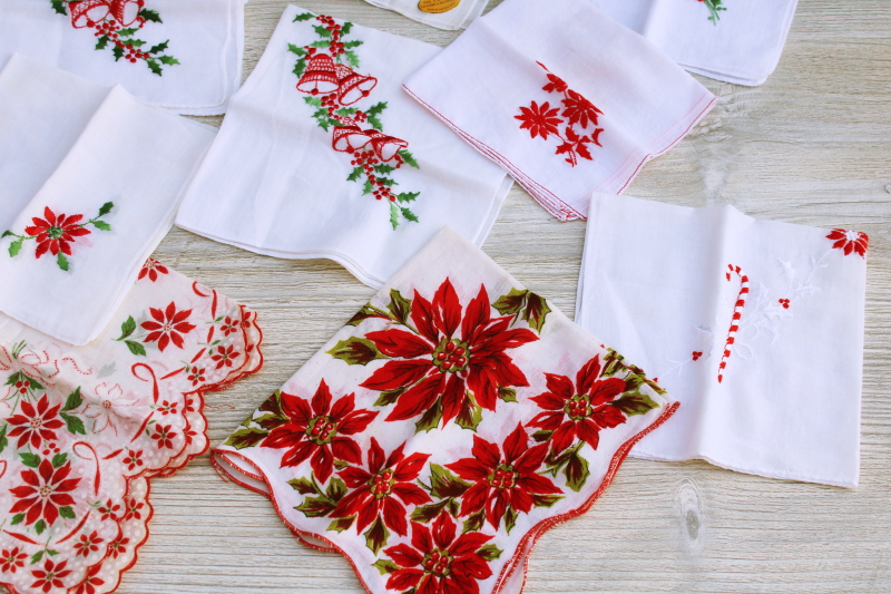 photo of huge lot Christmas theme vintage hankies, holiday prints and embroidered handkerchiefs #7