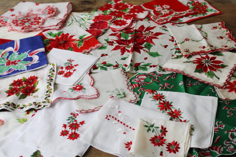 photo of huge lot Christmas theme vintage hankies, holiday prints and embroidered handkerchiefs #1