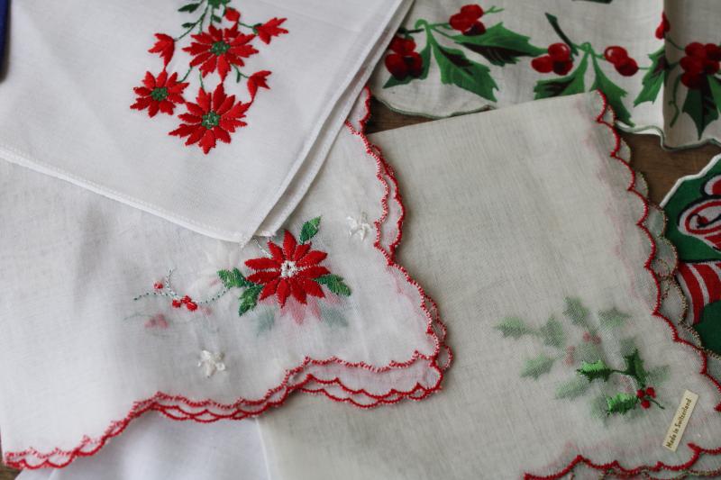 photo of huge lot Christmas theme vintage hankies, holiday prints and embroidered handkerchiefs #3