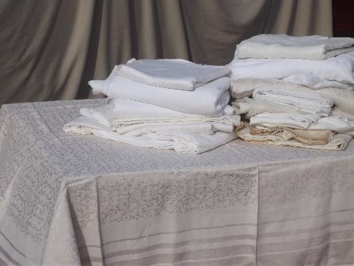 photo of huge lot antique  vintage cotton & linen damask jacquard fabric tablecloths #1