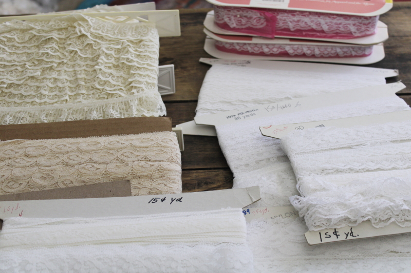 photo of huge lot new old stock bolts of vintage lace edging, ruffled trims for sewing crafts #1