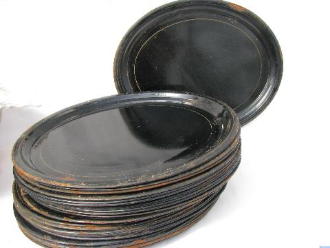 photo of huge lot of 30 vintage oval metal trays for tole painting - old black paint #1