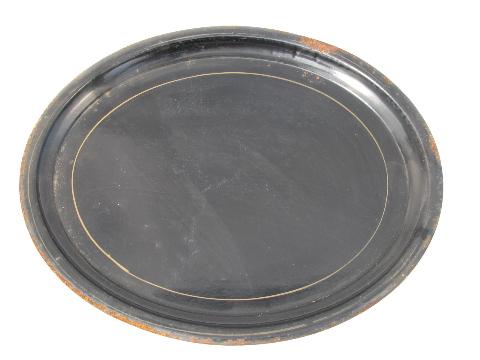 photo of huge lot of 30 vintage oval metal trays for tole painting - old black paint #2