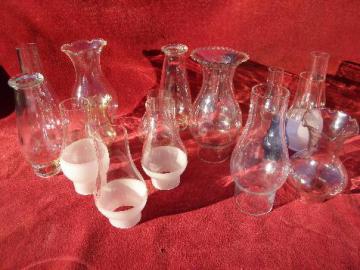 catalog photo of huge lot of tiny little old glass lamp chimneys for miniature oil kerosene lamps