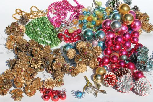 photo of huge lot of vintage Christmas decorations, mercury glass balls & beaded pinecones #1