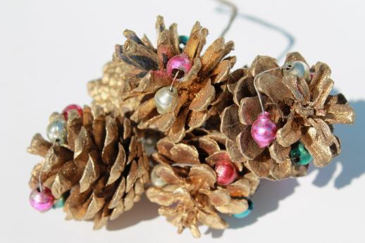 photo of huge lot of vintage Christmas decorations, mercury glass balls & beaded pinecones #12