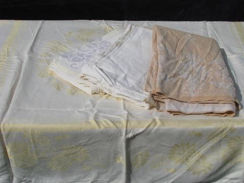 photo of huge lot of vintage cotton and/or rayon damask table linens, 19 colored tablecloths+ #4