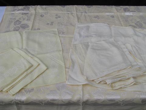 photo of huge lot of vintage cotton and/or rayon damask table linens, 19 colored tablecloths+ #8
