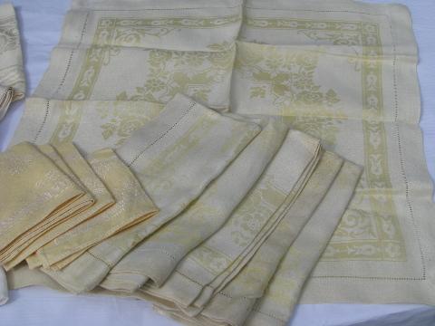photo of huge lot of vintage cotton and/or rayon damask table linens, 19 colored tablecloths+ #10