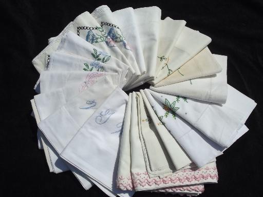 photo of huge lot of vintage embroidered pillowcases w/crocheted lace, 10 pairs #1