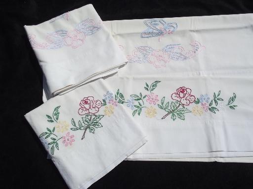 photo of huge lot of vintage embroidered pillowcases w/crocheted lace, 10 pairs #3