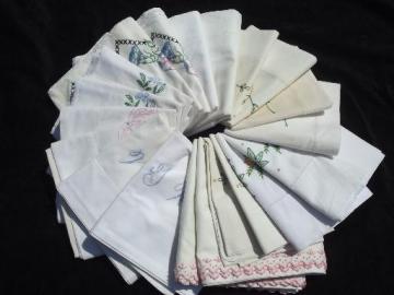 catalog photo of huge lot of vintage embroidered pillowcases w/crocheted lace, 10 pairs