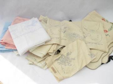 catalog photo of huge lot old linens, stamped to embroider, vintage pillowcases, tablecloths, towels