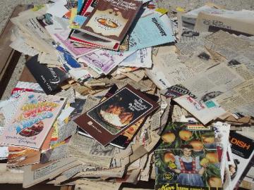 catalog photo of huge lot old newspaper clippings and labels, 60s 70s 80s vintage recipes