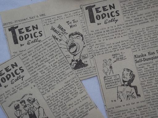 photo of huge lot old newspaper clippings, vintage cartoons, teen topics columns #2