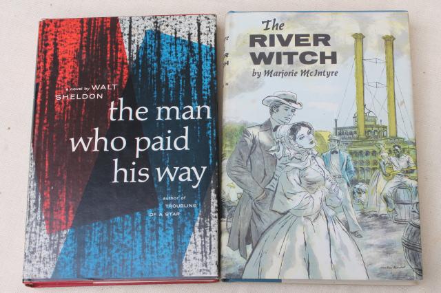 photo of huge lot old novels w/ pulp vintage cover art paper dust jackets, retro bestsellers #20