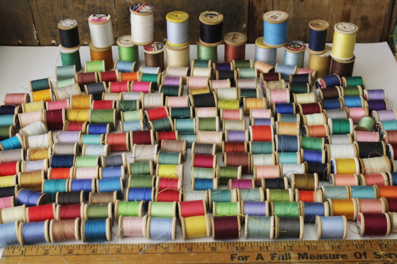 photo of huge lot old wood spools all colors vintage cotton thread, 230 spools different sizes  #1
