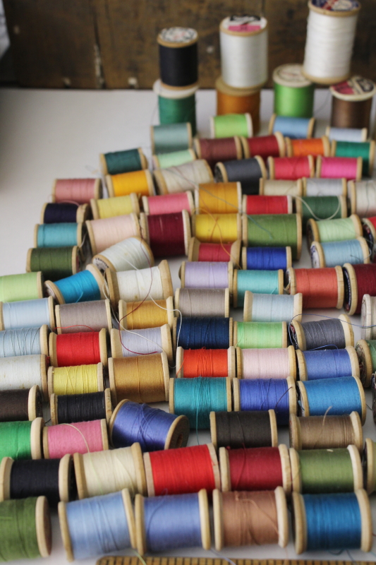 photo of huge lot old wood spools all colors vintage cotton thread, 230 spools different sizes  #4